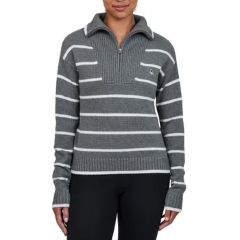 United Colors of Benetton 1/4 Zip Grey Striped Sweater Size XL 100% Cotton